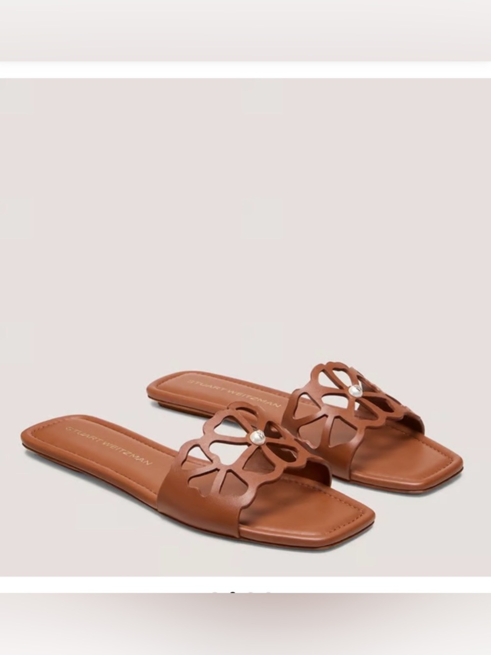 Stuart Weitzman Cognac Leather Floral Cutout Slide Sandals